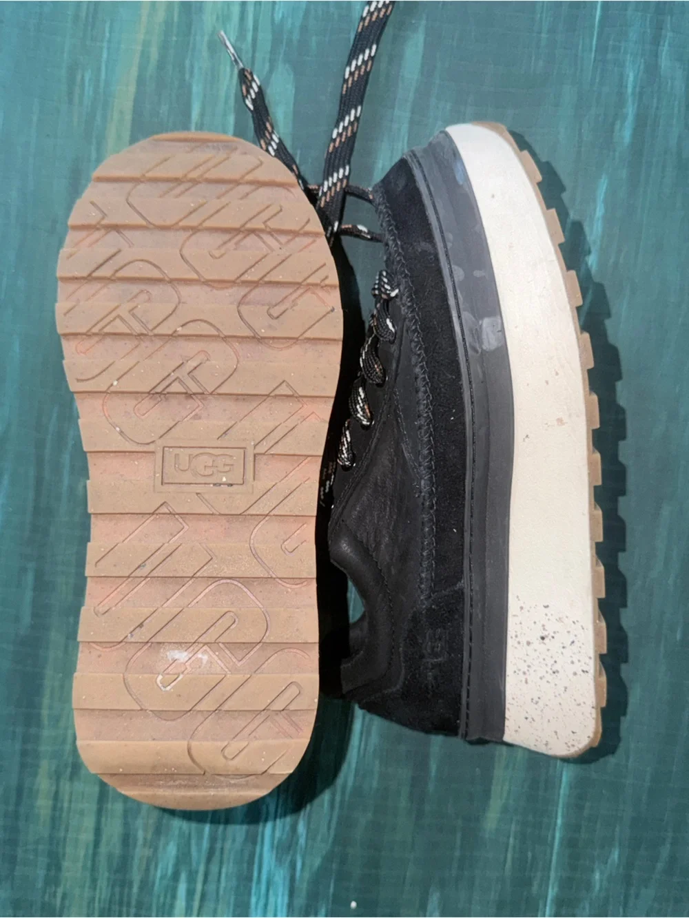 UGG Black Suede Chunky Lace-Up Sneakers with Speckled Cream Platform
